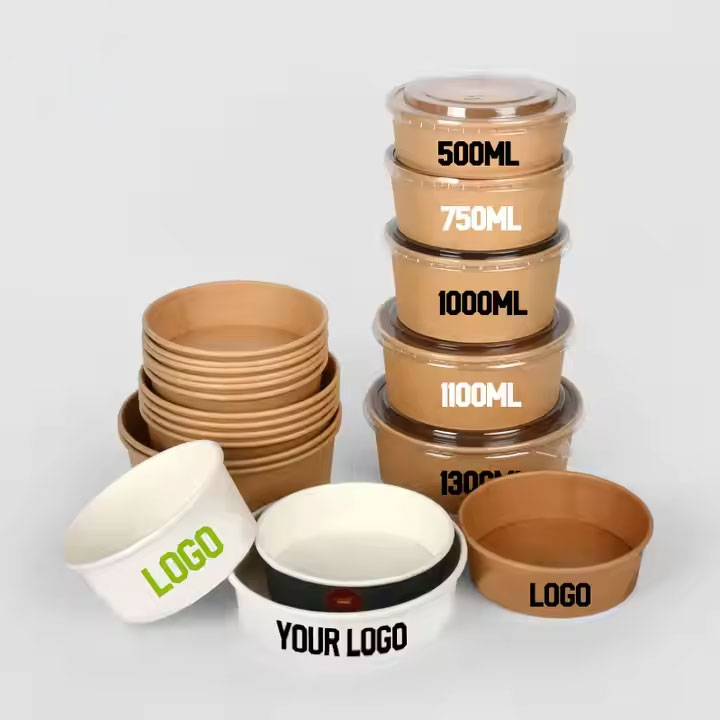 White Brown Takeout Square Waterproof Oilproof Soup Disposable Kraft Paper Square Bowl with lid