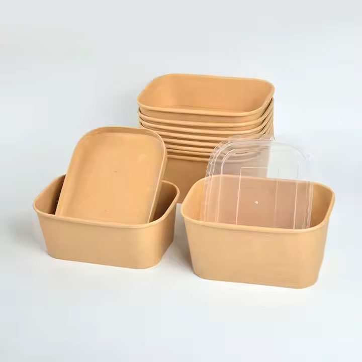 Best Price White And Brown Salad Microwavable Go Thickened Cup Take Way Rectangle Takeaway 750Ml Paper Bowl With Lid